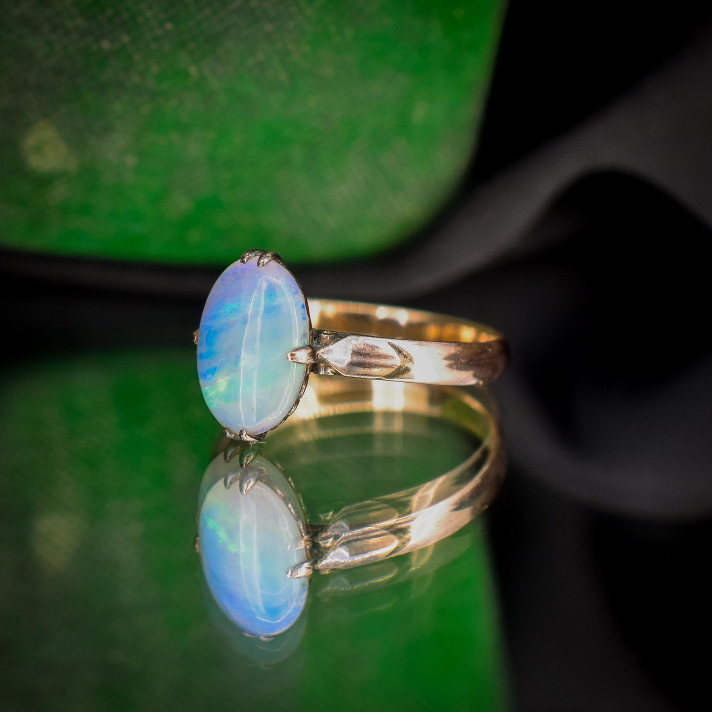 Art Deco Natural Opal Oval Solitaire 14ct Rose Gold Ring