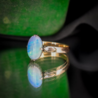 Art Deco Natural Opal Oval Solitaire 14ct Rose Gold Ring