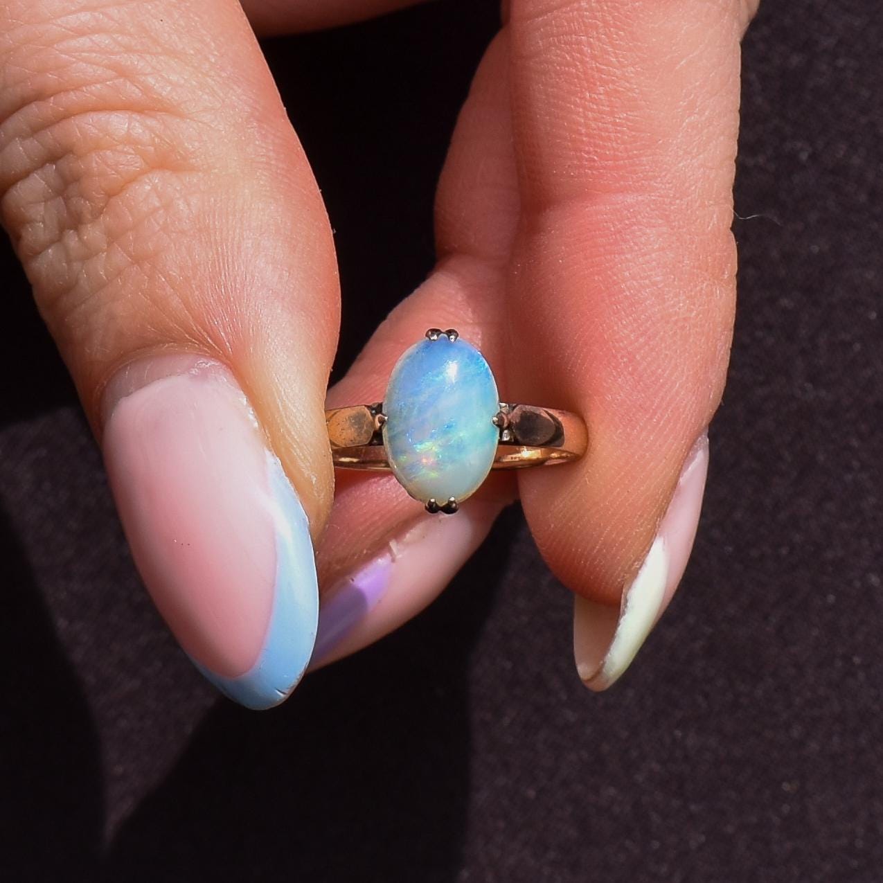 Art Deco Natural Opal Oval Solitaire 14ct Rose Gold Ring