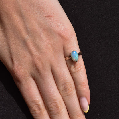 Art Deco Natural Opal Oval Solitaire 14ct Rose Gold Ring