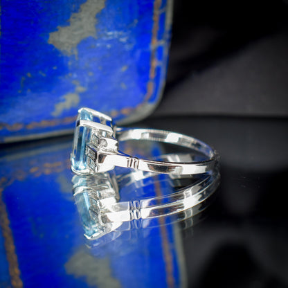 Emerald Cut 2.1ct Aquamarine and Baguette Cut Diamond Platinum Ring