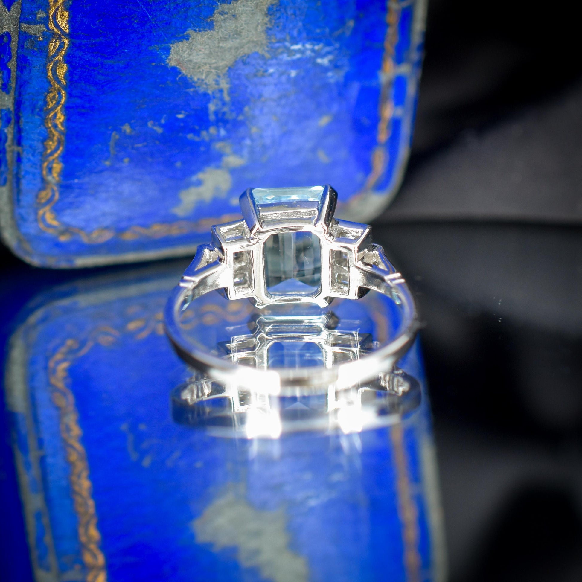 Emerald Cut 2.1ct Aquamarine and Baguette Cut Diamond Platinum Ring