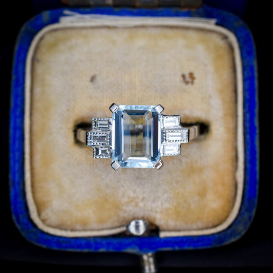 Emerald Cut 2.1ct Aquamarine and Baguette Cut Diamond Platinum Ring