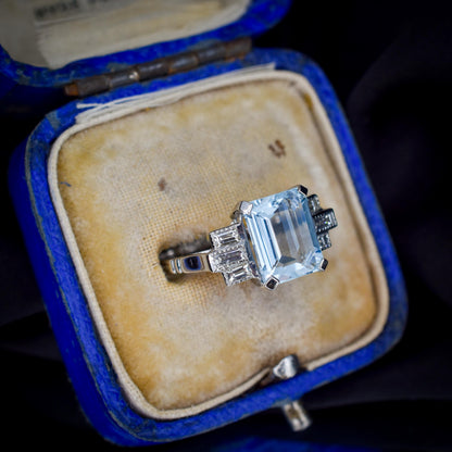 Emerald Cut 2.1ct Aquamarine and Baguette Cut Diamond Platinum Ring
