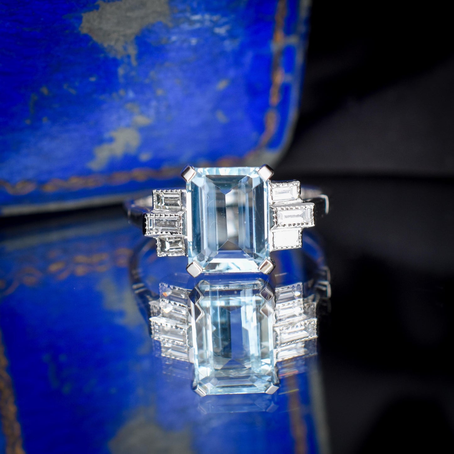 Emerald Cut 2.1ct Aquamarine and Baguette Cut Diamond Platinum Ring