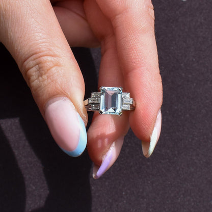 Emerald Cut 2.1ct Aquamarine and Baguette Cut Diamond Platinum Ring