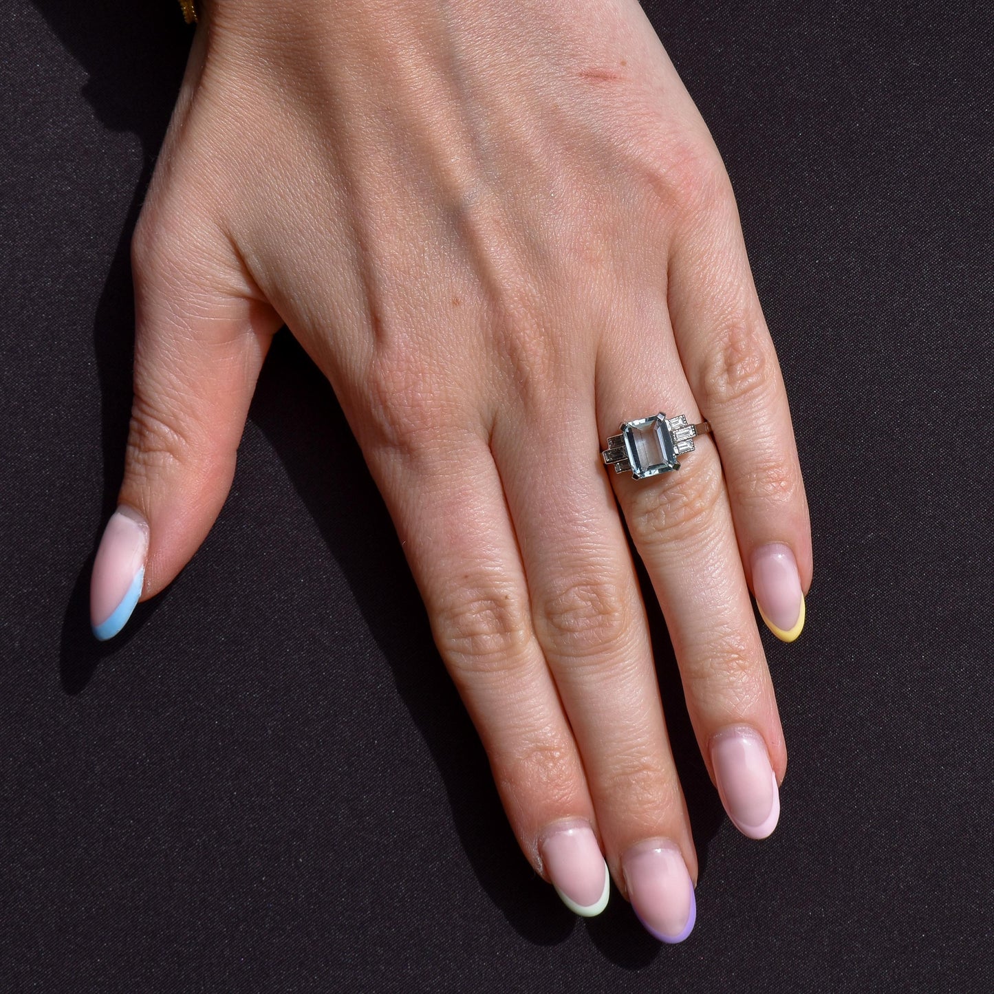 Emerald Cut 2.1ct Aquamarine and Baguette Cut Diamond Platinum Ring