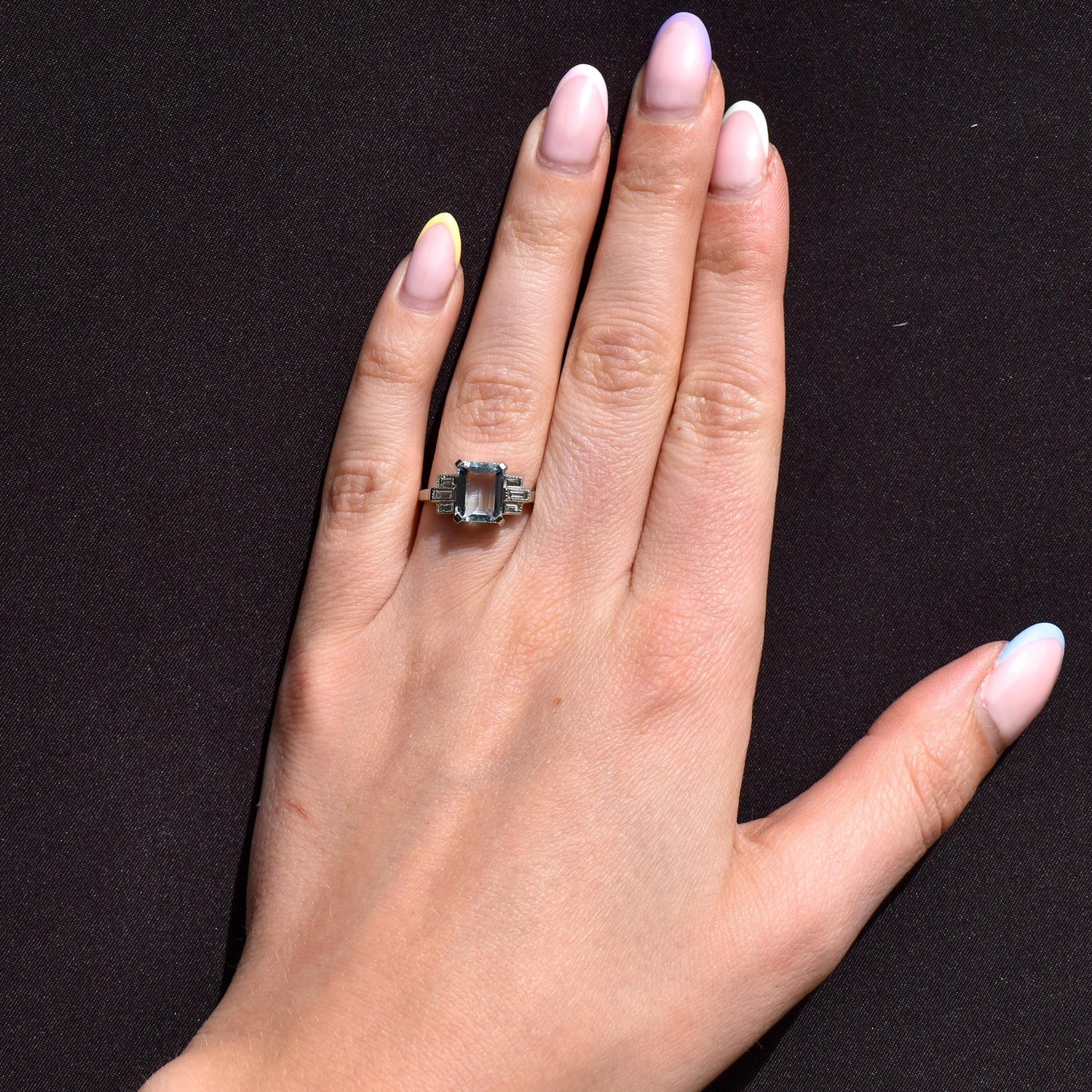 Emerald Cut 2.1ct Aquamarine and Baguette Cut Diamond Platinum Ring