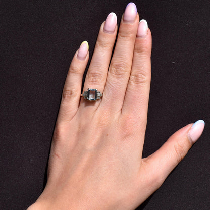 Emerald Cut 2.1ct Aquamarine and Baguette Cut Diamond Platinum Ring