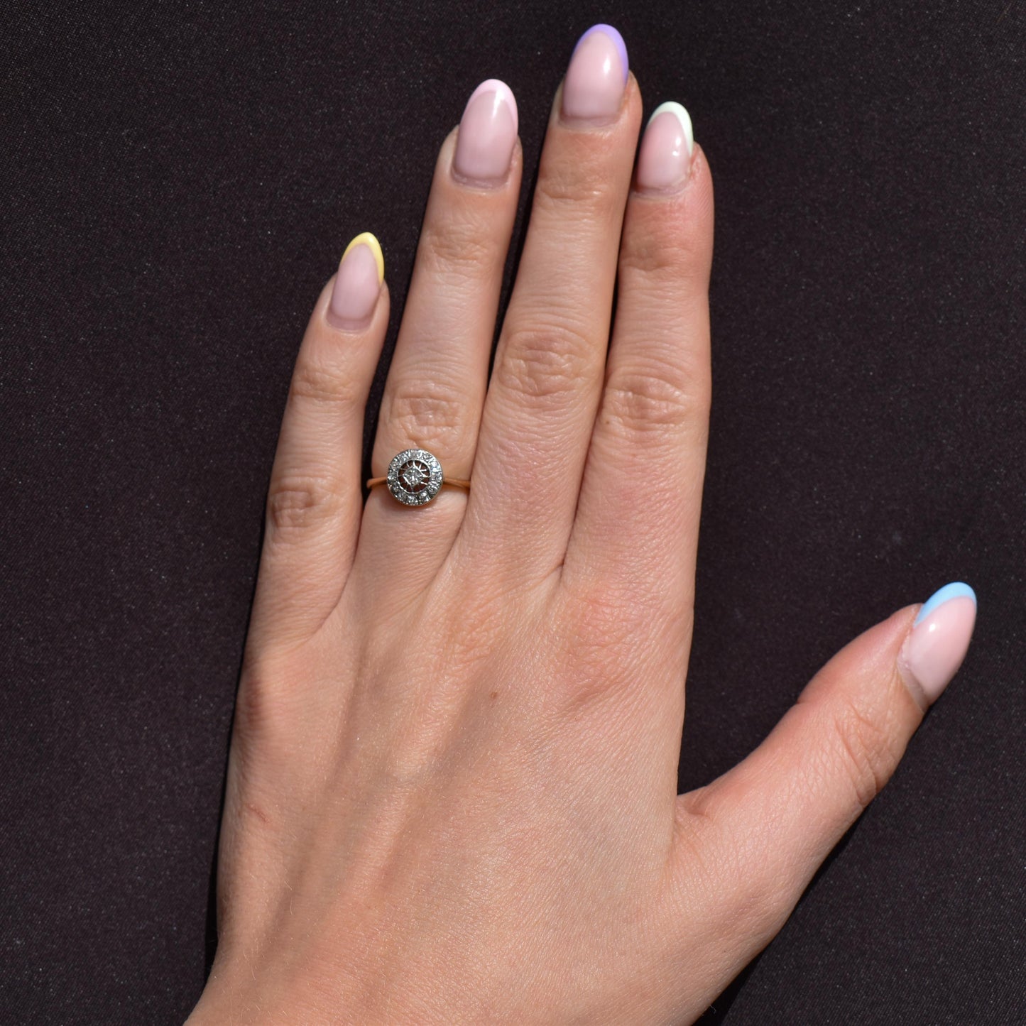 Antique Diamond Cluster Daisy 18ct Gold and Platinum Target Ring