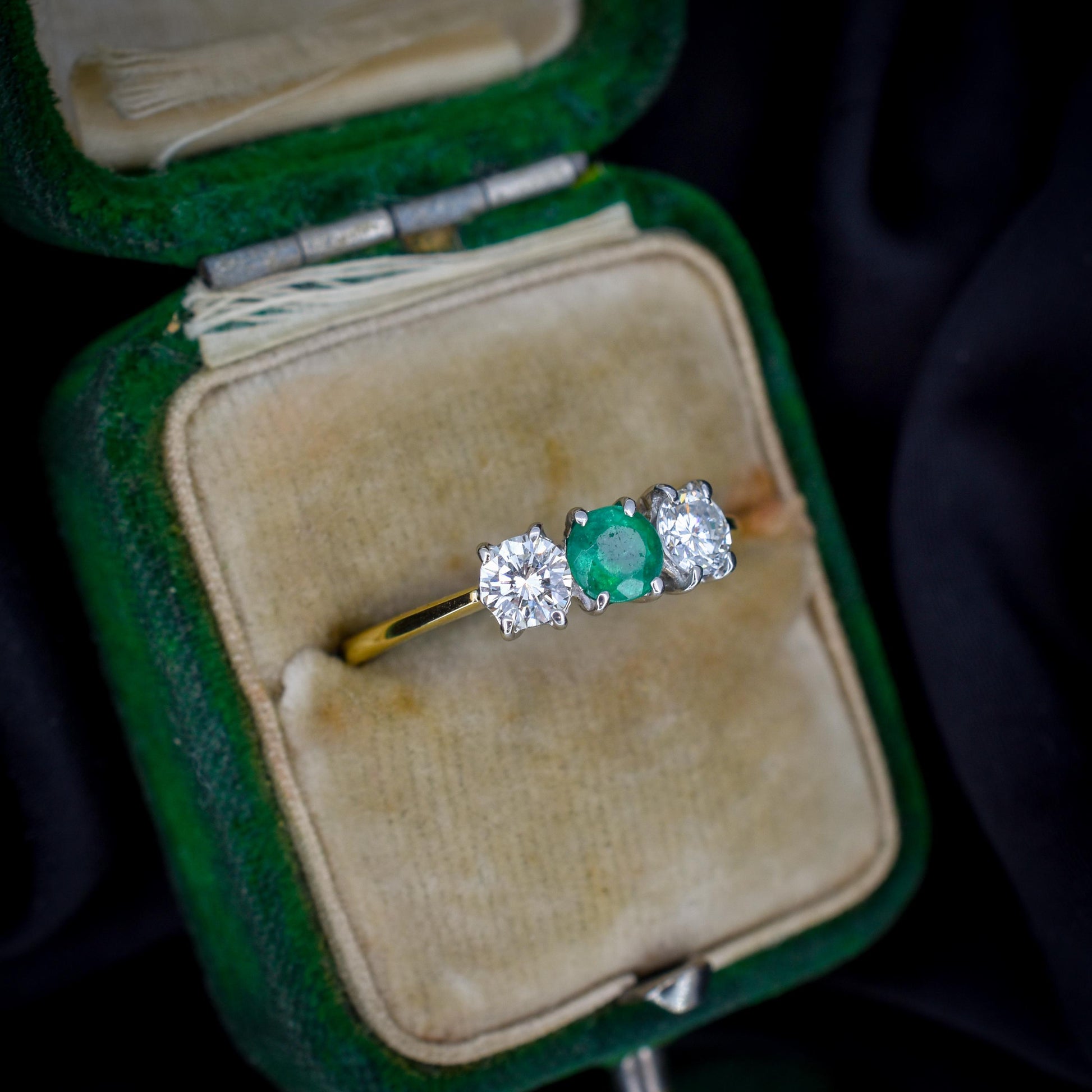 Vintage Emerald and Diamond Three Stone 18ct Gold Ring | 0.50ct Diamond