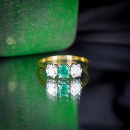 Vintage Emerald and Diamond Three Stone 18ct Gold Ring | 0.50ct Diamond