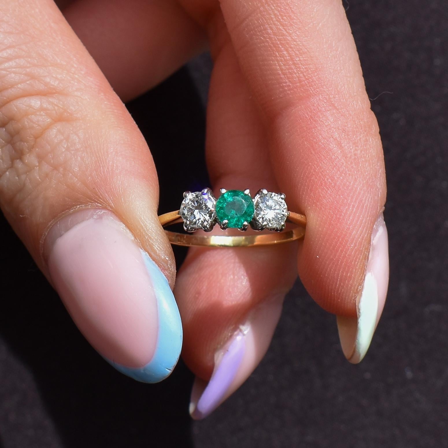 Vintage Emerald and Diamond Three Stone 18ct Gold Ring | 0.50ct Diamond