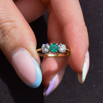 Vintage Emerald and Diamond Three Stone 18ct Gold Ring | 0.50ct Diamond