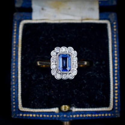Blue Sapphire and Diamond Panel Rectangle Halo 9ct Yellow Gold Ring