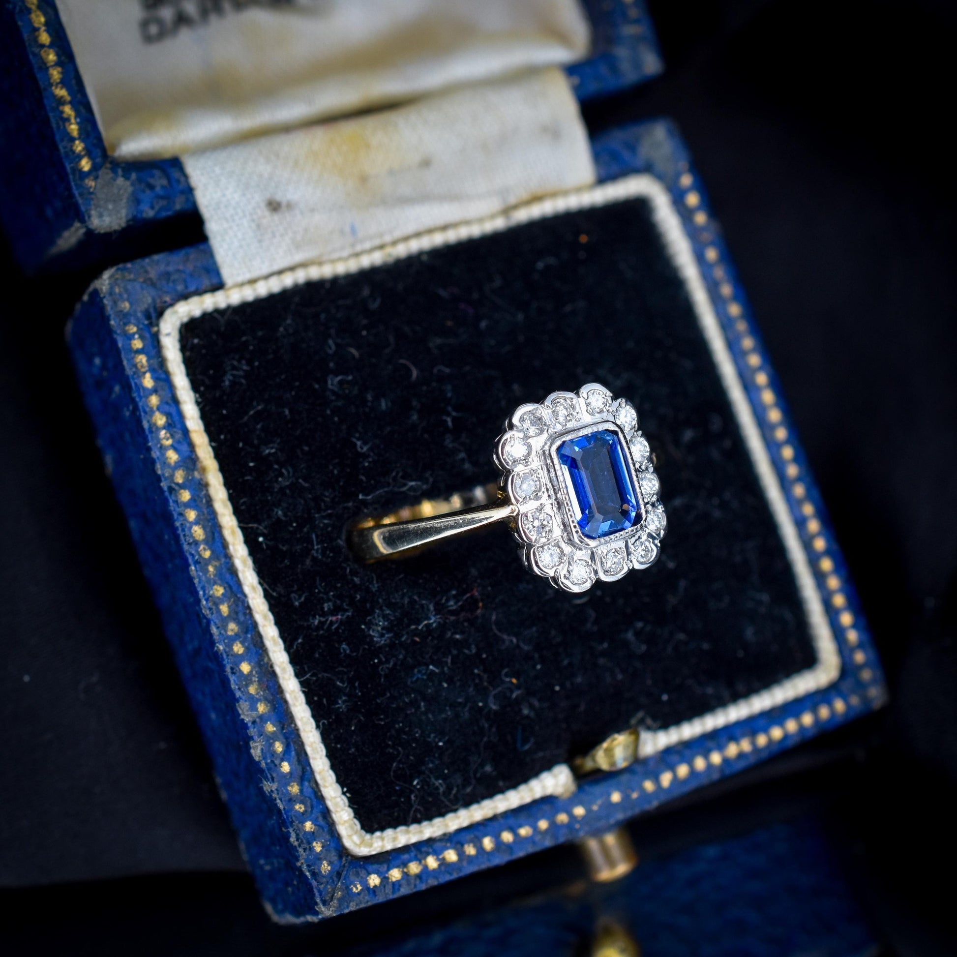 Blue Sapphire and Diamond Panel Rectangle Halo 9ct Yellow Gold Ring