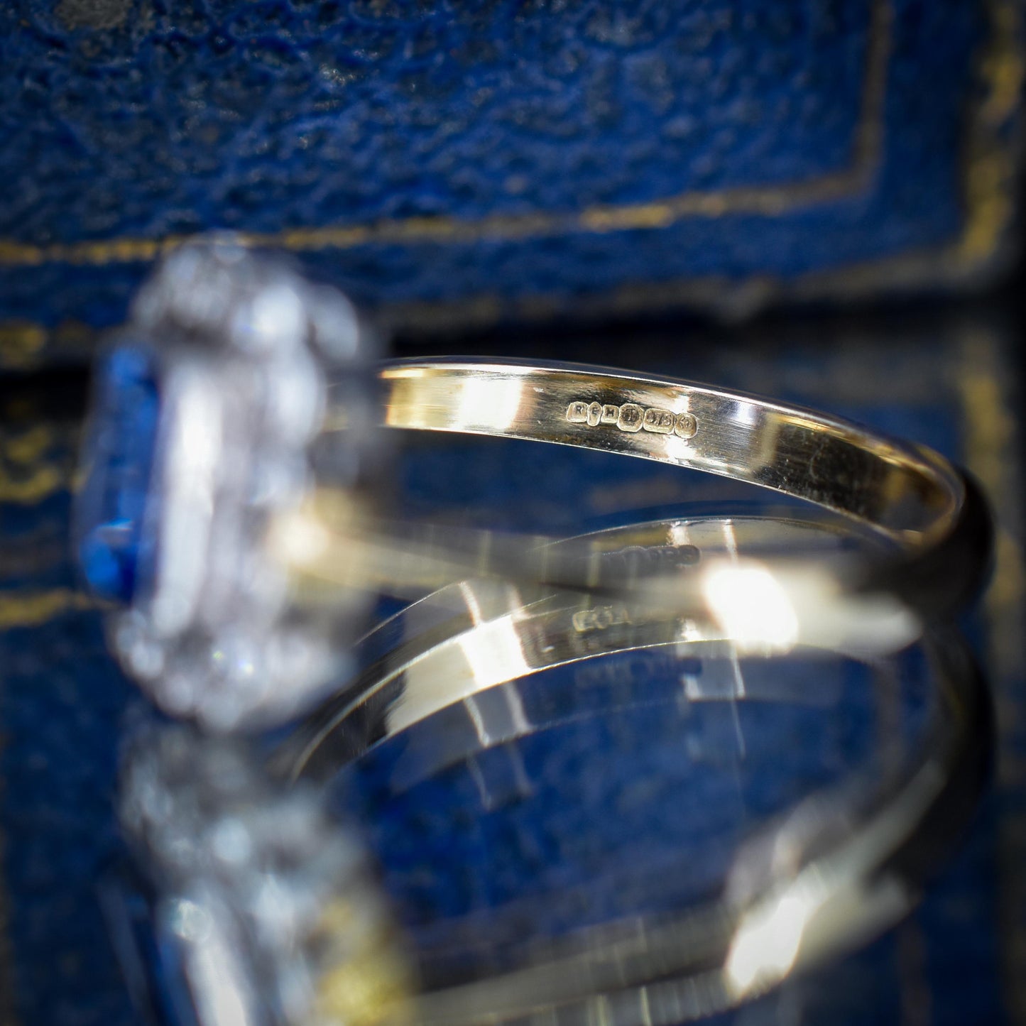 Blue Sapphire and Diamond Panel Rectangle Halo 9ct Yellow Gold Ring