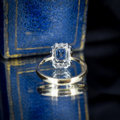 Blue Sapphire and Diamond Panel Rectangle Halo 9ct Yellow Gold Ring