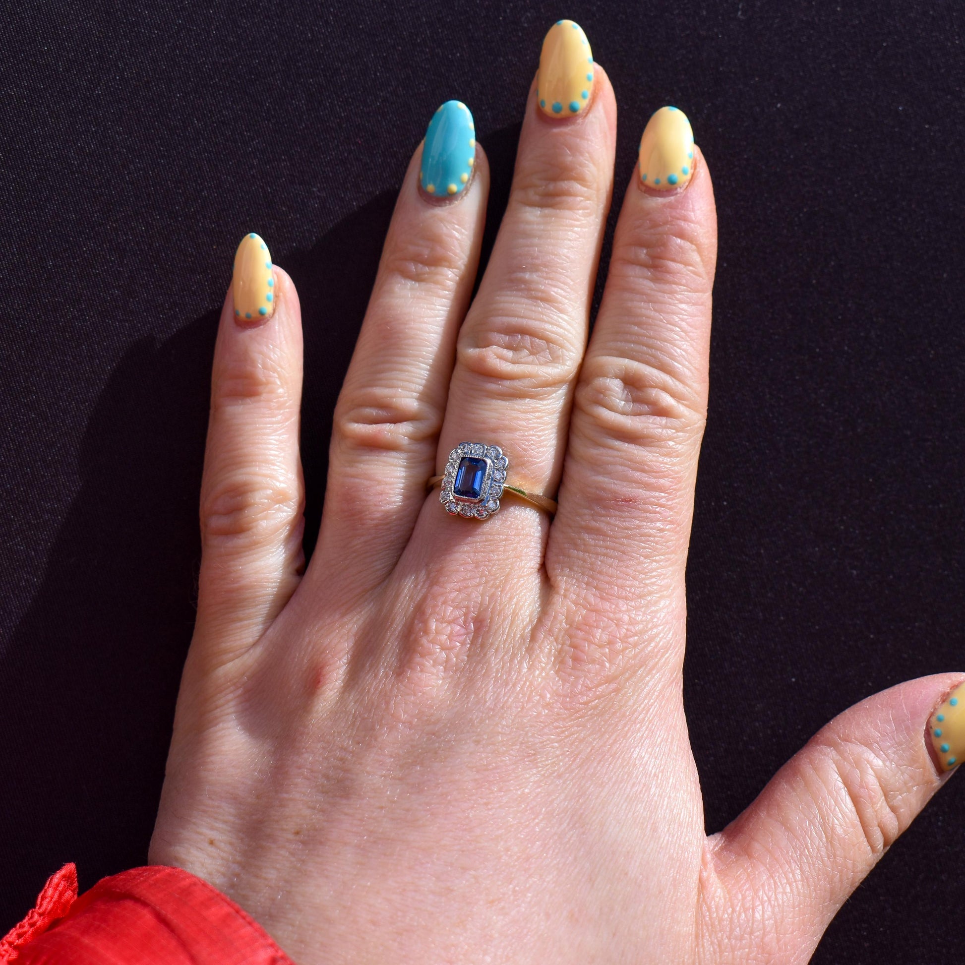 Blue Sapphire and Diamond Panel Rectangle Halo 9ct Yellow Gold Ring