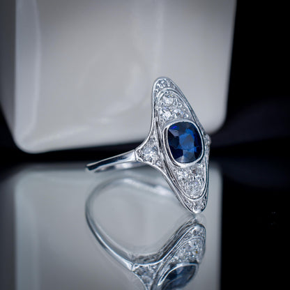 Art Deco Blue Sapphire and Diamond Navette Platinum Ring