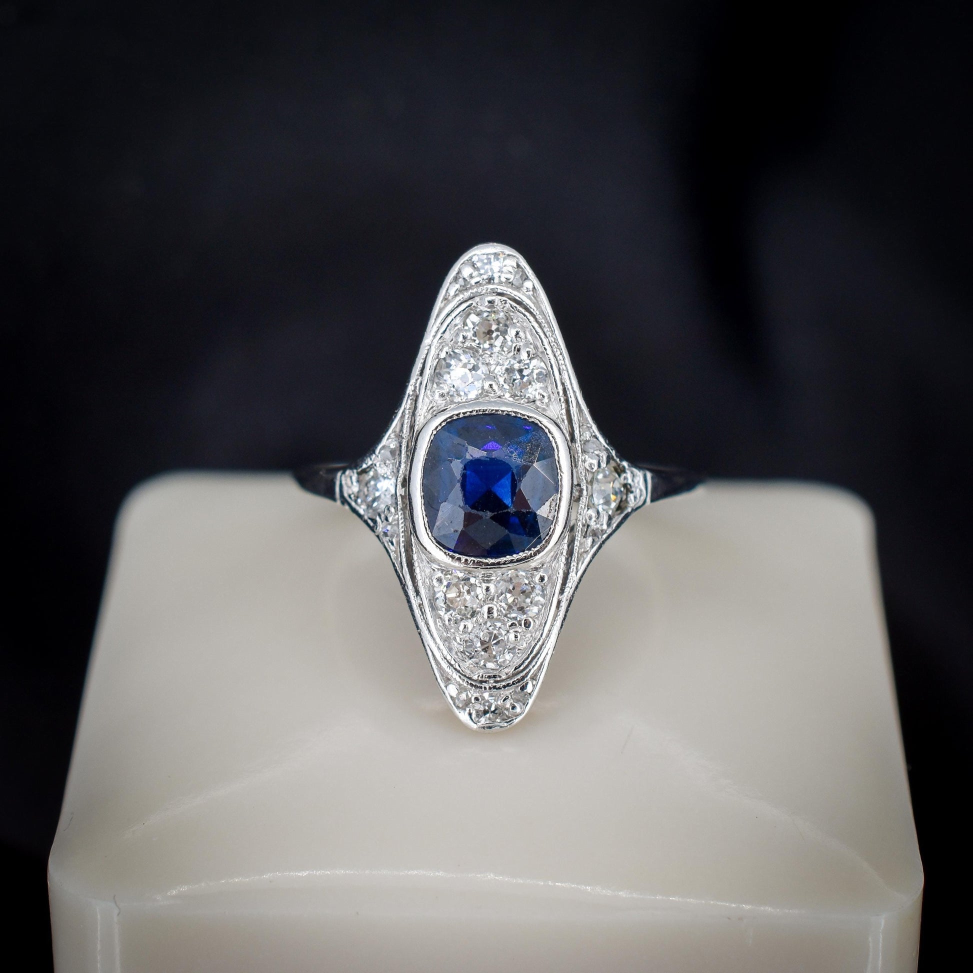 Art Deco Blue Sapphire and Diamond Navette Platinum Ring