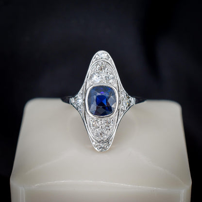 Art Deco Blue Sapphire and Diamond Navette Platinum Ring
