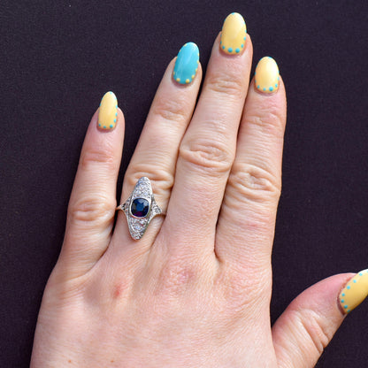 Art Deco Blue Sapphire and Diamond Navette Platinum Ring