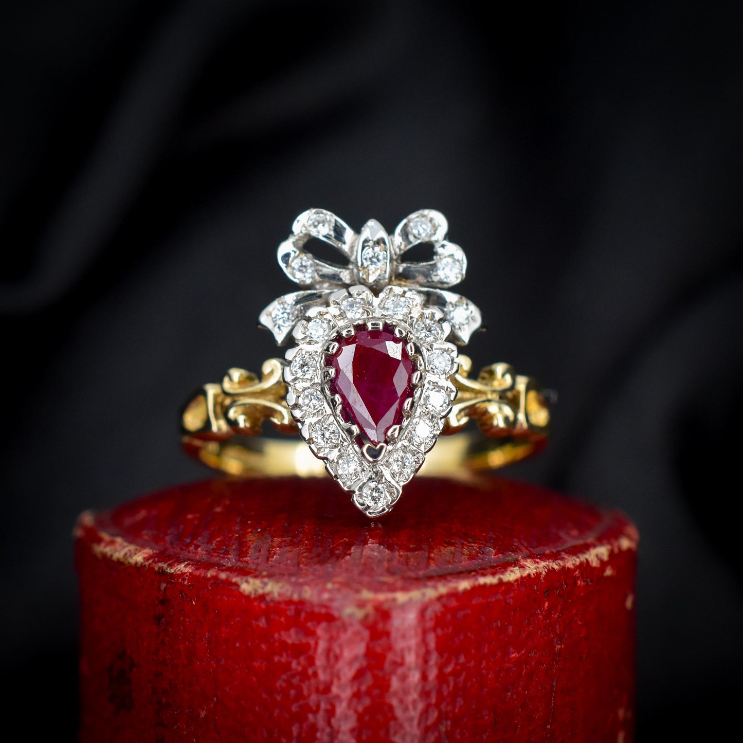Ruby and Diamond Heart Bow 9ct Yellow Gold Ring | Antique Style