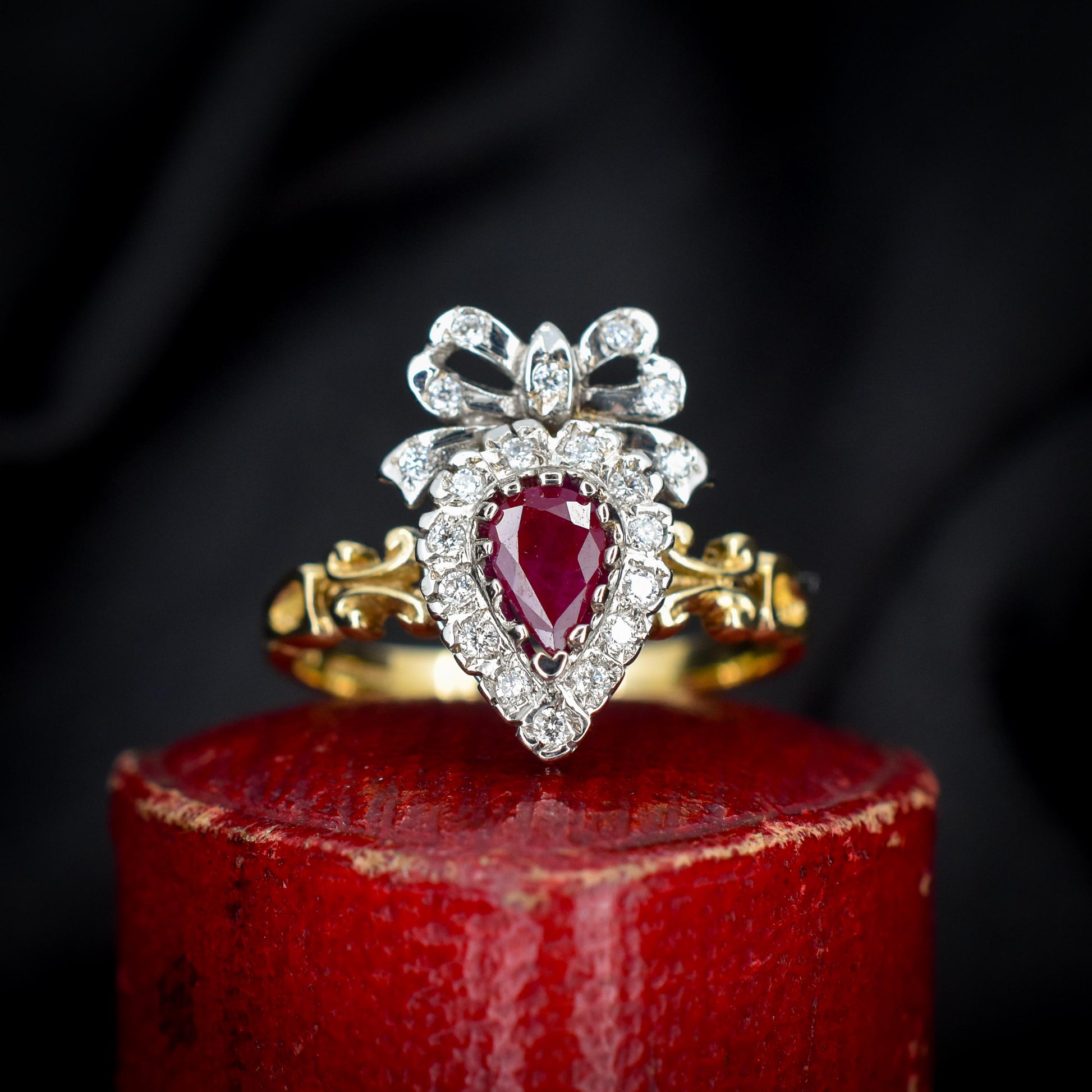 Ruby and Diamond Heart Bow 9ct Yellow Gold Ring | Antique Style