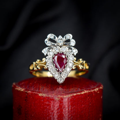 Ruby and Diamond Heart Bow 9ct Yellow Gold Ring | Antique Style