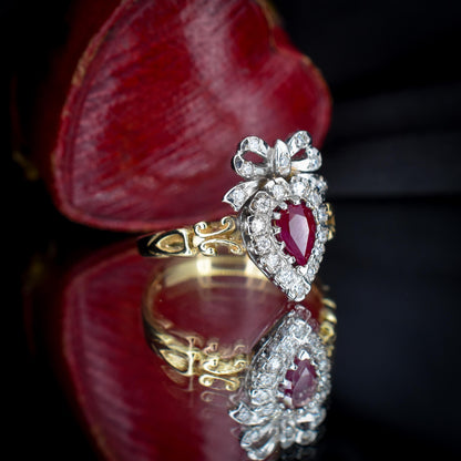 Ruby and Diamond Heart Bow 9ct Yellow Gold Ring | Antique Style