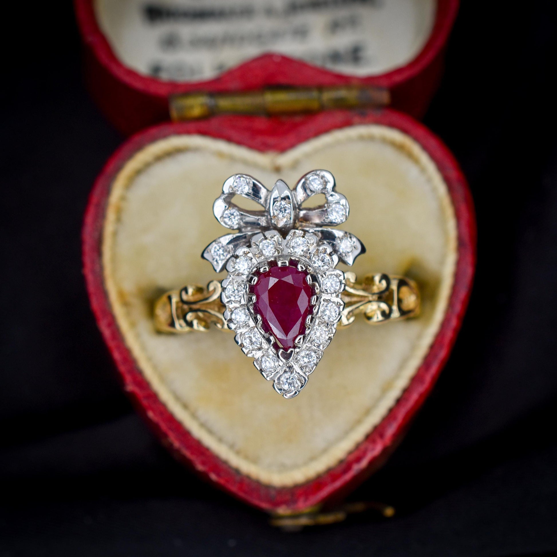 Ruby and Diamond Heart Bow 9ct Yellow Gold Ring | Antique Style