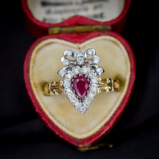 Ruby and Diamond Heart Bow 9ct Yellow Gold Ring | Antique Style