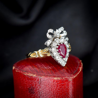 Ruby and Diamond Heart Bow 9ct Yellow Gold Ring | Antique Style