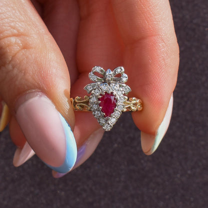 Ruby and Diamond Heart Bow 9ct Yellow Gold Ring | Antique Style