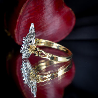 Ruby and Diamond Heart Bow 9ct Yellow Gold Ring | Antique Style