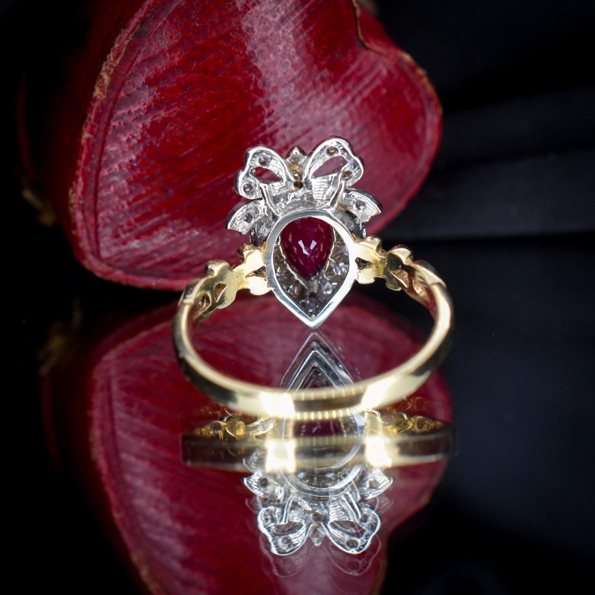Ruby and Diamond Heart Bow 9ct Yellow Gold Ring | Antique Style