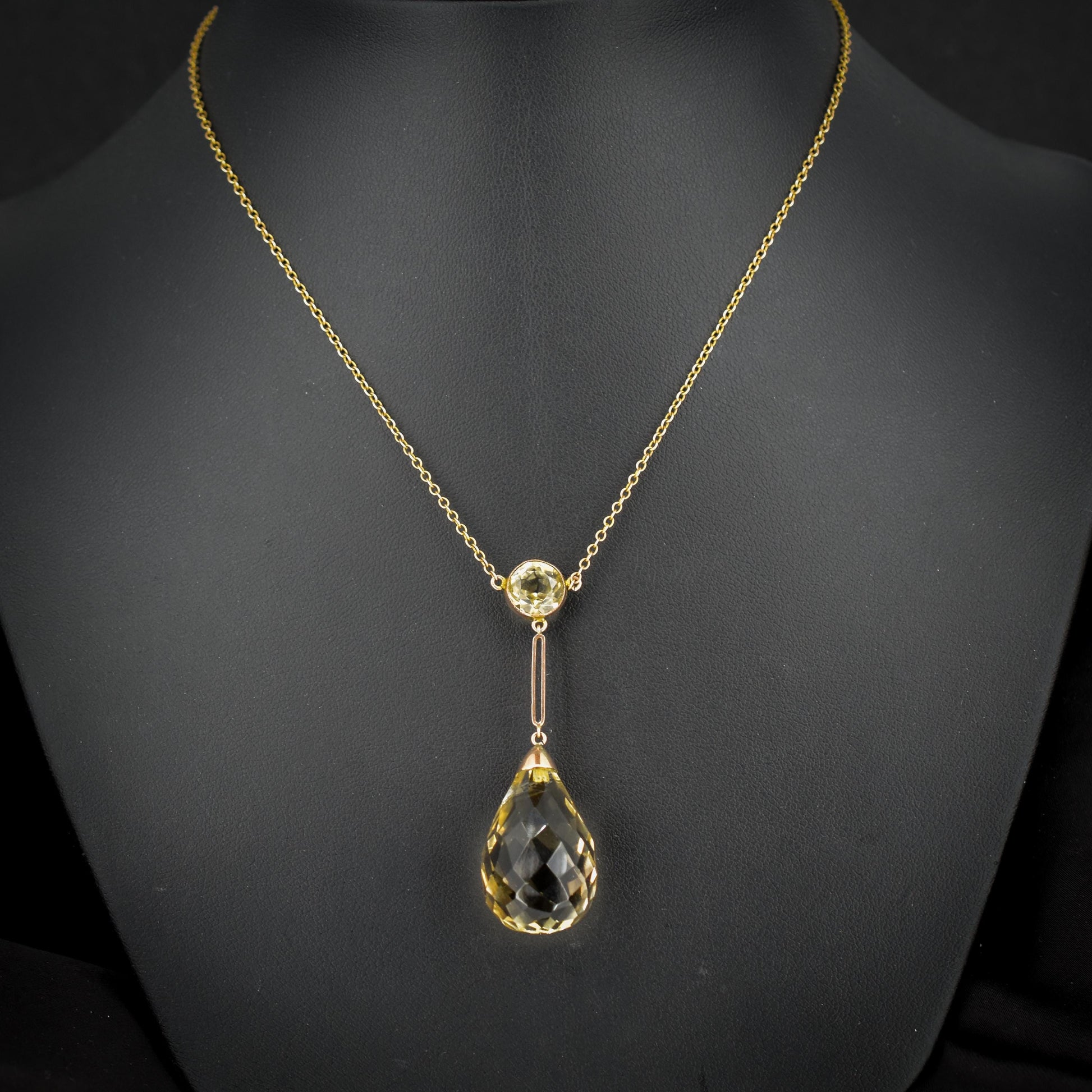 Antique Briolette Cut Citrine Gold Drop Pendant Necklace | 16.5"
