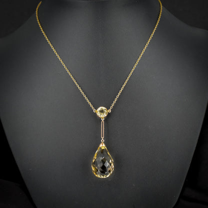 Antique Briolette Cut Citrine Gold Drop Pendant Necklace | 16.5"