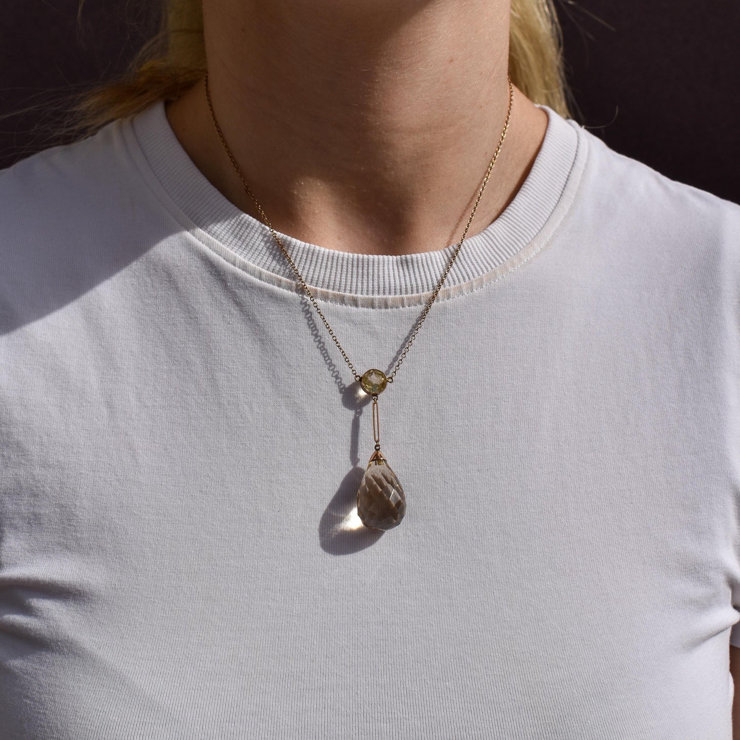 Antique Briolette Cut Citrine Gold Drop Pendant Necklace | 16.5"