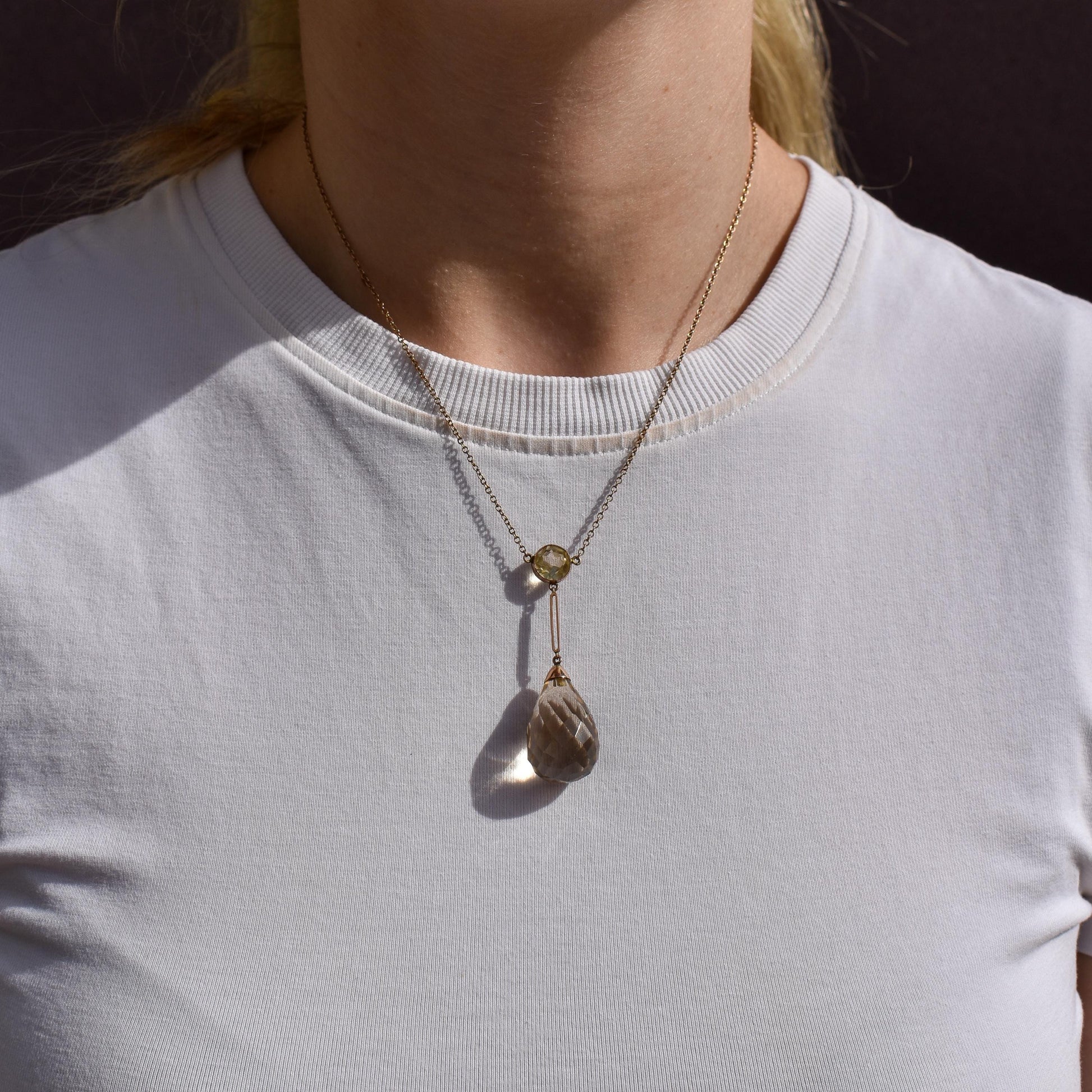 Antique Briolette Cut Citrine Gold Drop Pendant Necklace | 16.5"