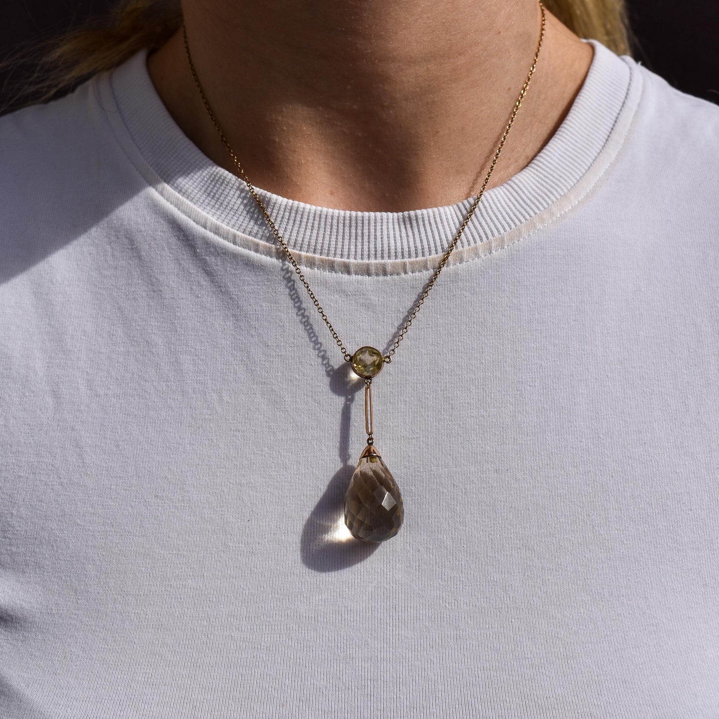 Antique Briolette Cut Citrine Gold Drop Pendant Necklace | 16.5"