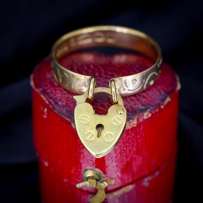 Antique Heart Padlock Drop 9ct Gold Engraved Band Ring | B'Ham 1916