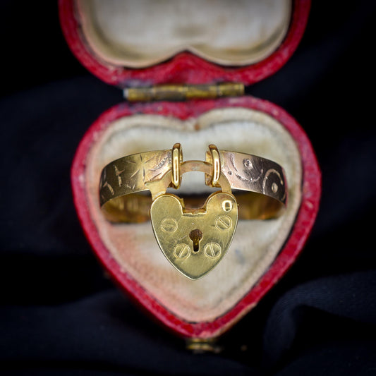 Antique Heart Padlock Drop 9ct Gold Engraved Band Ring | B'Ham 1916