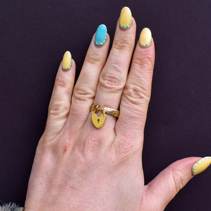 Antique Heart Padlock Drop 9ct Gold Engraved Band Ring | B'Ham 1916