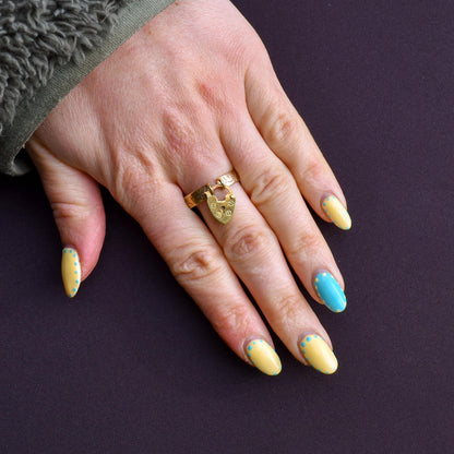 Antique Heart Padlock Drop 9ct Gold Engraved Band Ring | B'Ham 1916