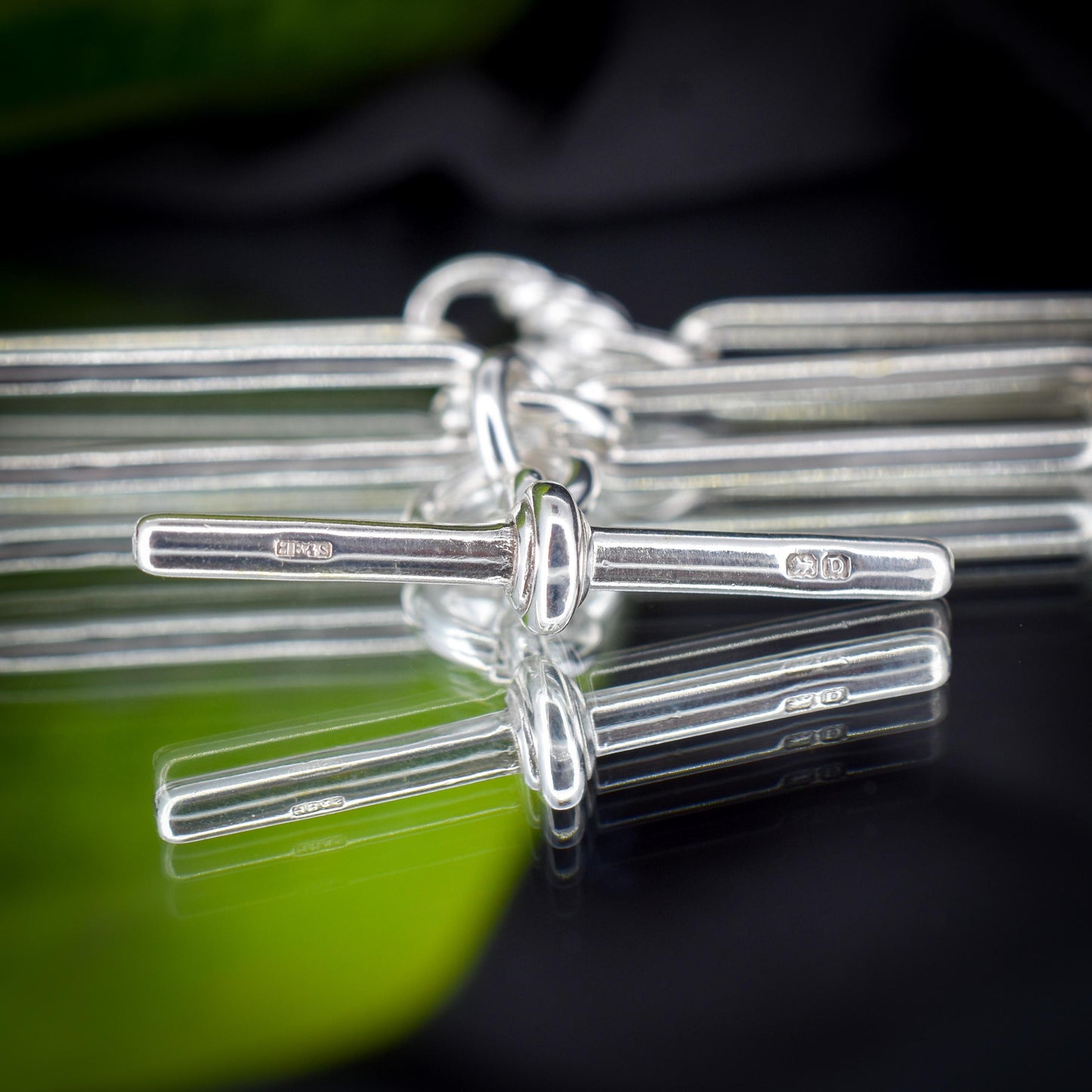 Antique Sterling Silver Trombone Love Knot Watch Chain with Double Dog Clip and T Bar | 15"