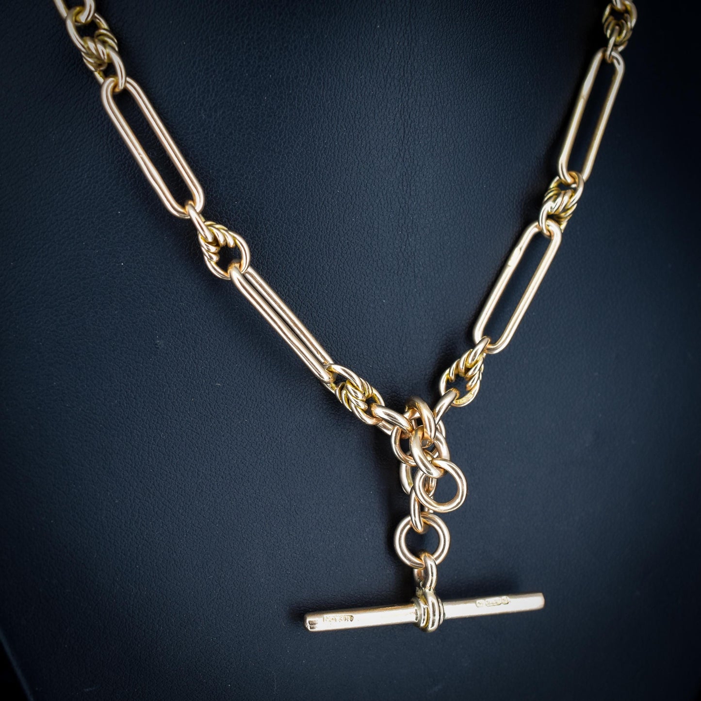 Antique '1919' 9ct Gold Trombone and Love Knot Link Albert Chain Necklace | 15.5"