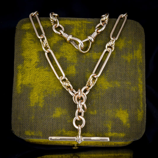 Antique '1919' 9ct Gold Trombone and Love Knot Link Albert Chain Necklace | 15.5"