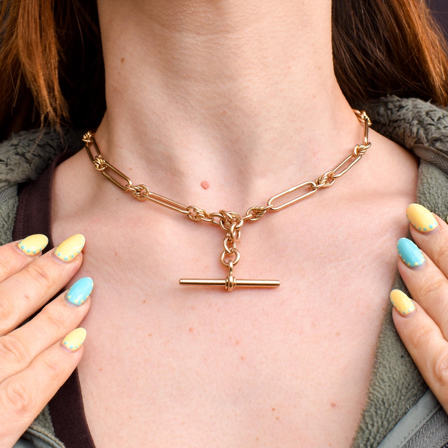 Antique '1919' 9ct Gold Trombone and Love Knot Link Albert Chain Necklace | 15.5"